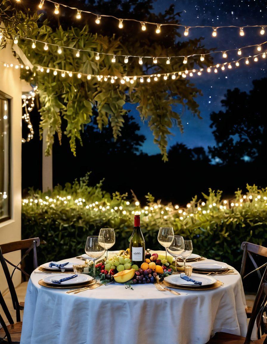 A beautifully set outdoor dining table adorned with elegant Chardonnay glasses, surrounded by twinkling fairy lights and a starry night sky. Include soft candlelight casting a warm glow, delicious food platters featuring gourmet cheeses and fruits, and lush greenery in the background. The atmosphere should evoke a sense of tranquility and sophistication. super-realistic. vibrant colors. night setting.