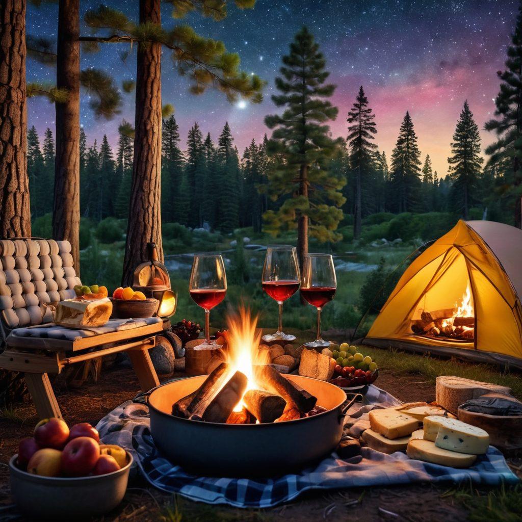 A picturesque camping scene featuring a cozy campfire with a gourmet picnic setup, showcasing various wine glasses filled with rich, colorful wines paired with delicious gourmet foods like cheeses and fruits. In the background, tall pine trees and a starry night sky add to the adventurous outdoor atmosphere, enticing viewers to explore culinary delights while camping. warm tones. super-realistic. vibrant colors.