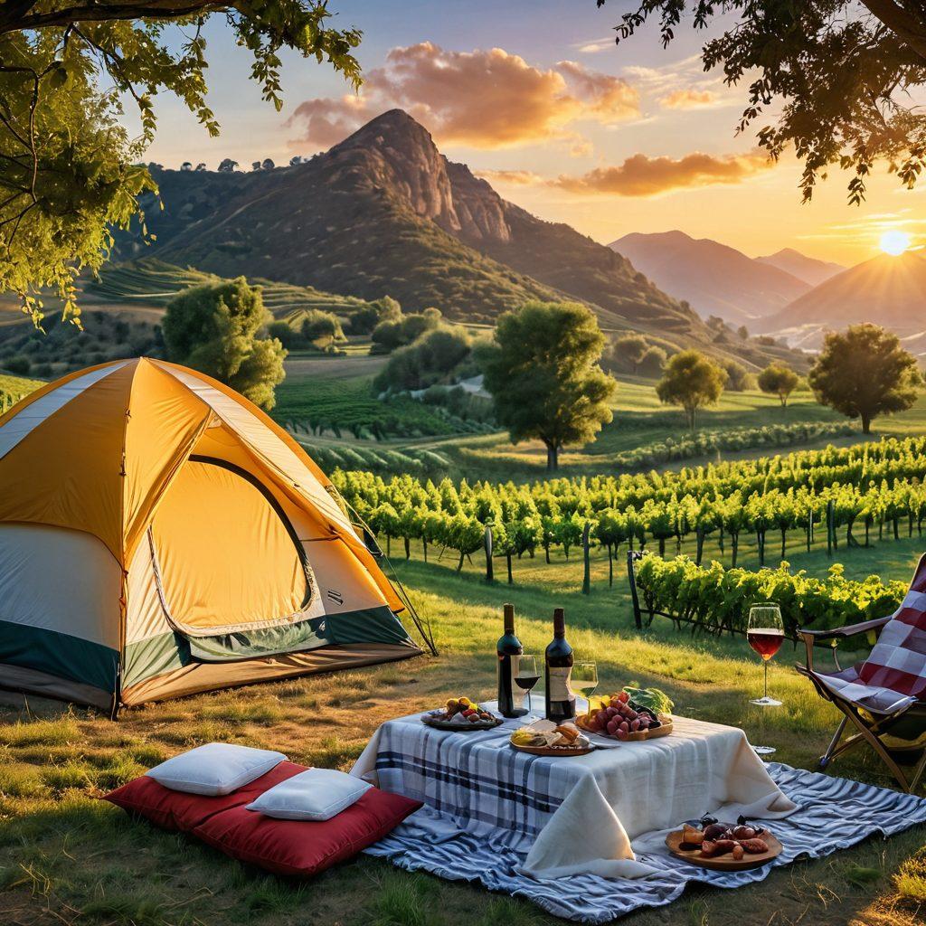 A scenic campsite surrounded by lush vineyards, with a cozy tent and a picnic setup featuring wine glasses and a cheese platter. A sunset casts a warm glow over the landscape, while camping gear is neatly arranged. Elements of nature such as trees and mountains in the background add to the tranquility. super-realistic. vibrant colors. warm tones.